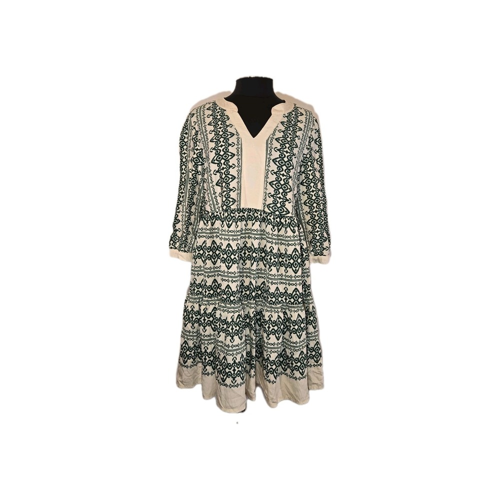 Figueroa & Flower Boho Geometric Empire Waist V-Neck Dress Elbow Sleeve SZ Large